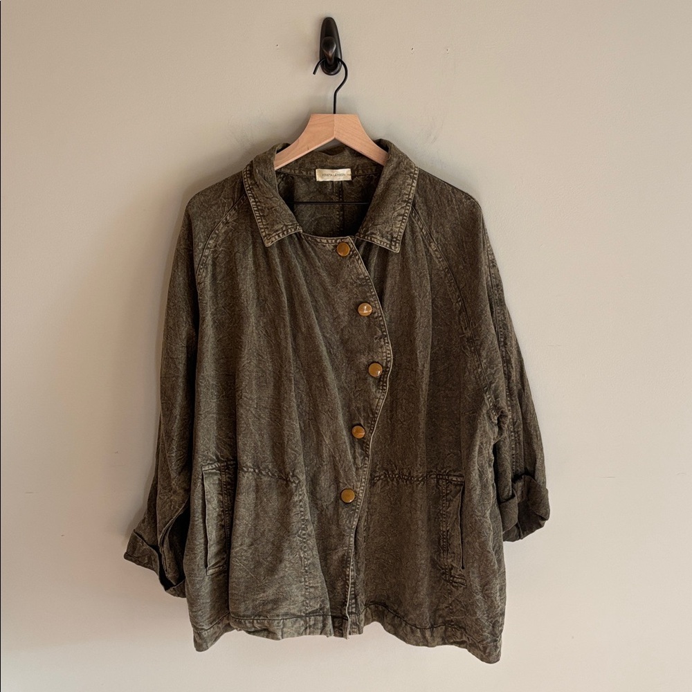 Krista Larson • 100% linen olive green acid wash army jacket